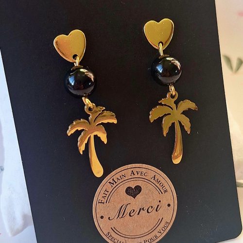Cœur Tropical Boucles d’Oreilles Cœur & Palmier, Pierre Onyx