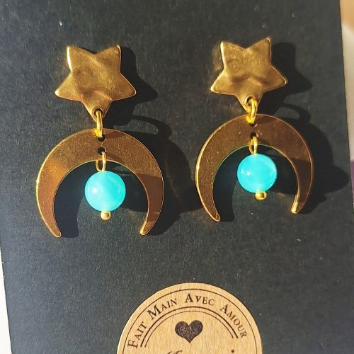 Boucles d’Oreilles Rêverie Nocturne – Étoile, Croissant de Lune et Pierre Naturelle