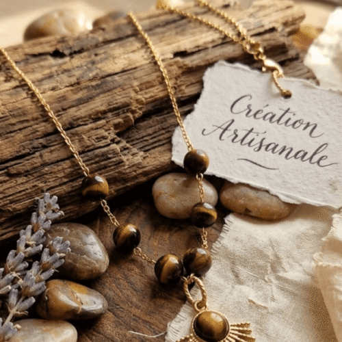 Œil de Tigre Puissance Solaire – Rangée d'Oeil de Tigre & Pendentif Soleil Ethnique
