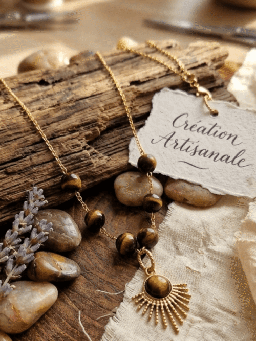 Œil de Tigre Puissance Solaire – Rangée d'Oeil de Tigre & Pendentif Soleil Ethnique