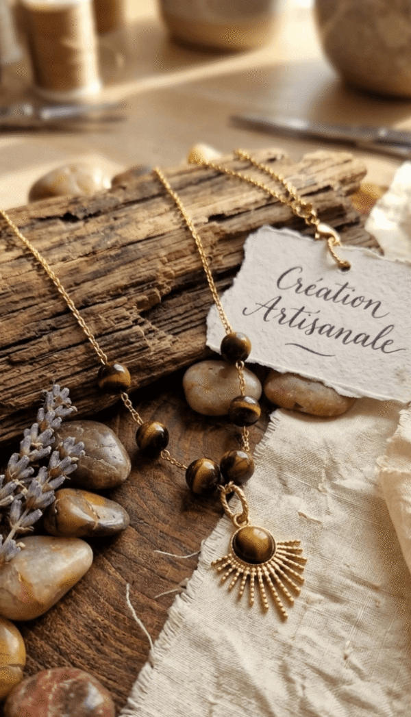 Puissance Solaire – Rangée d'Oeil de Tigre & Pendentif Soleil Ethnique