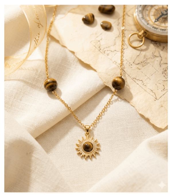 Rayon de Force – Oeil de Tigre & Pendentif Soleil Doré