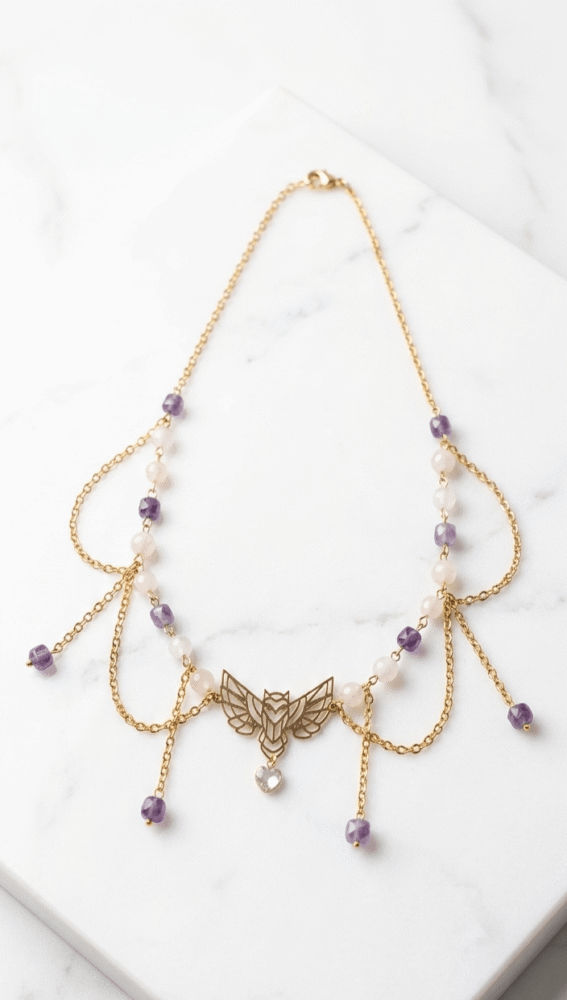 Chouette Féerique en Améthyste & Quartz Rose