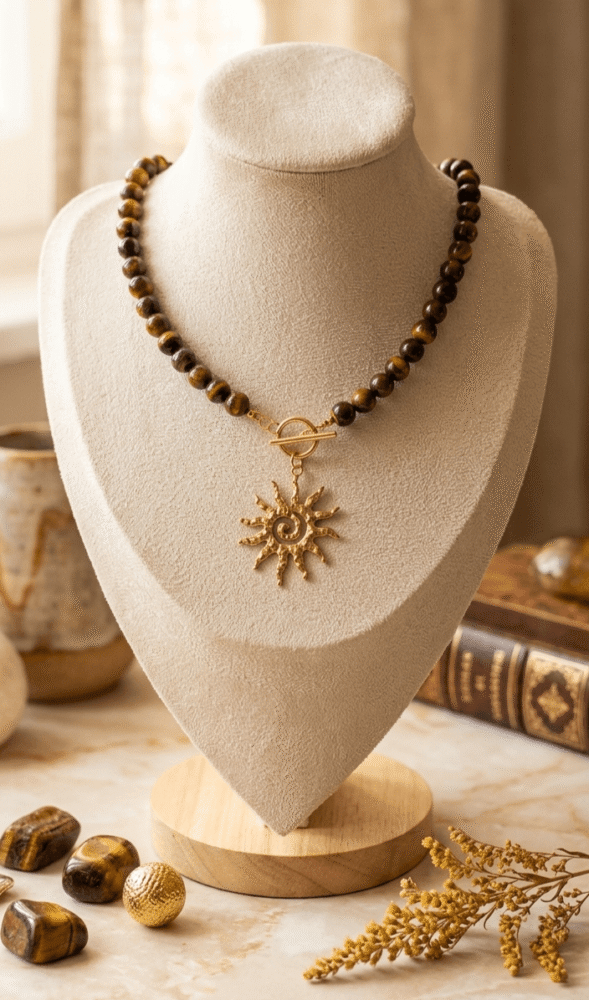 Oeil de Tigre Collier Solaire Oeil de Tigre – Force, Protection & Éclat Doré