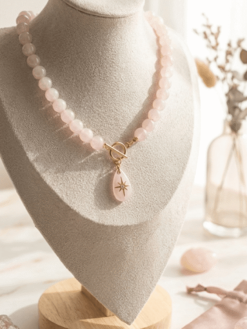 quartz rose Collier Secret d’Aurore – Goutte de Quartz & Éclat Polaire