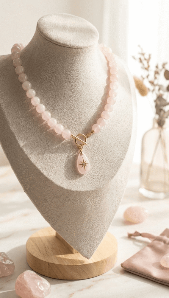 quartz rose Collier Secret d’Aurore – Goutte de Quartz & Éclat Polaire