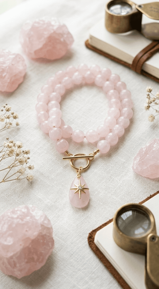 quartz rose Collier Secret d’Aurore – Goutte de Quartz & Éclat Polaire
