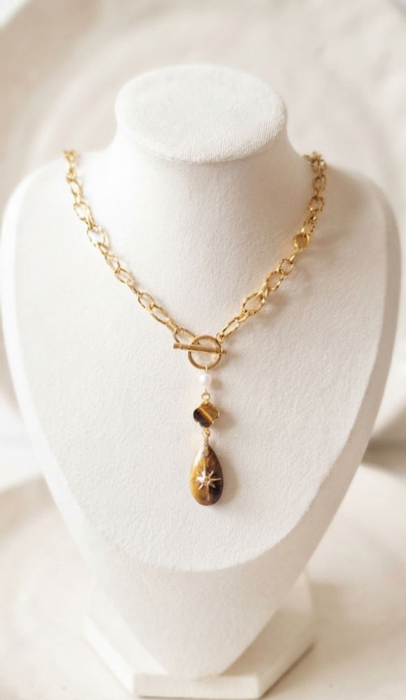 Oeil de Tigre Collier Éclat Solaire & Perles de Pluie
