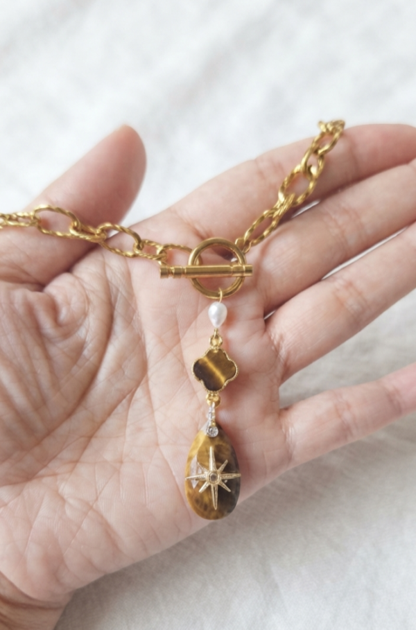 Oeil de Tigre Collier Éclat Solaire & Perles de Pluie