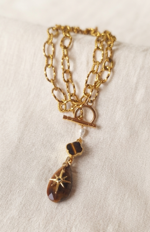 Oeil de Tigre Collier Éclat Solaire & Perles de Pluie